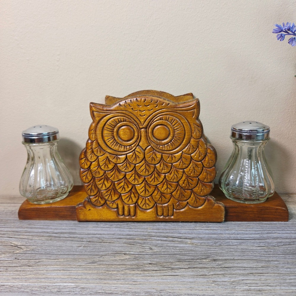 Vintage Owl Napkin Holder Salt Pepper Shaker Set Wood Glass Rustic Kitchen Decor